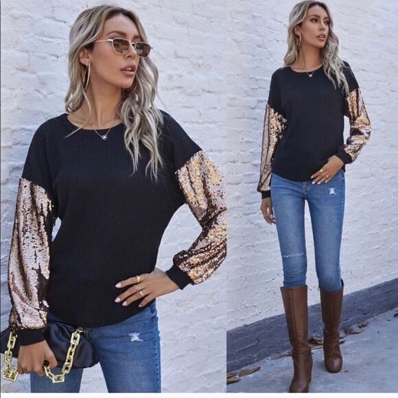 5 🌟 Rated Waffle Shirt with Gold Sequined Sleeves, Rounded Hem - Picture 4 of 13